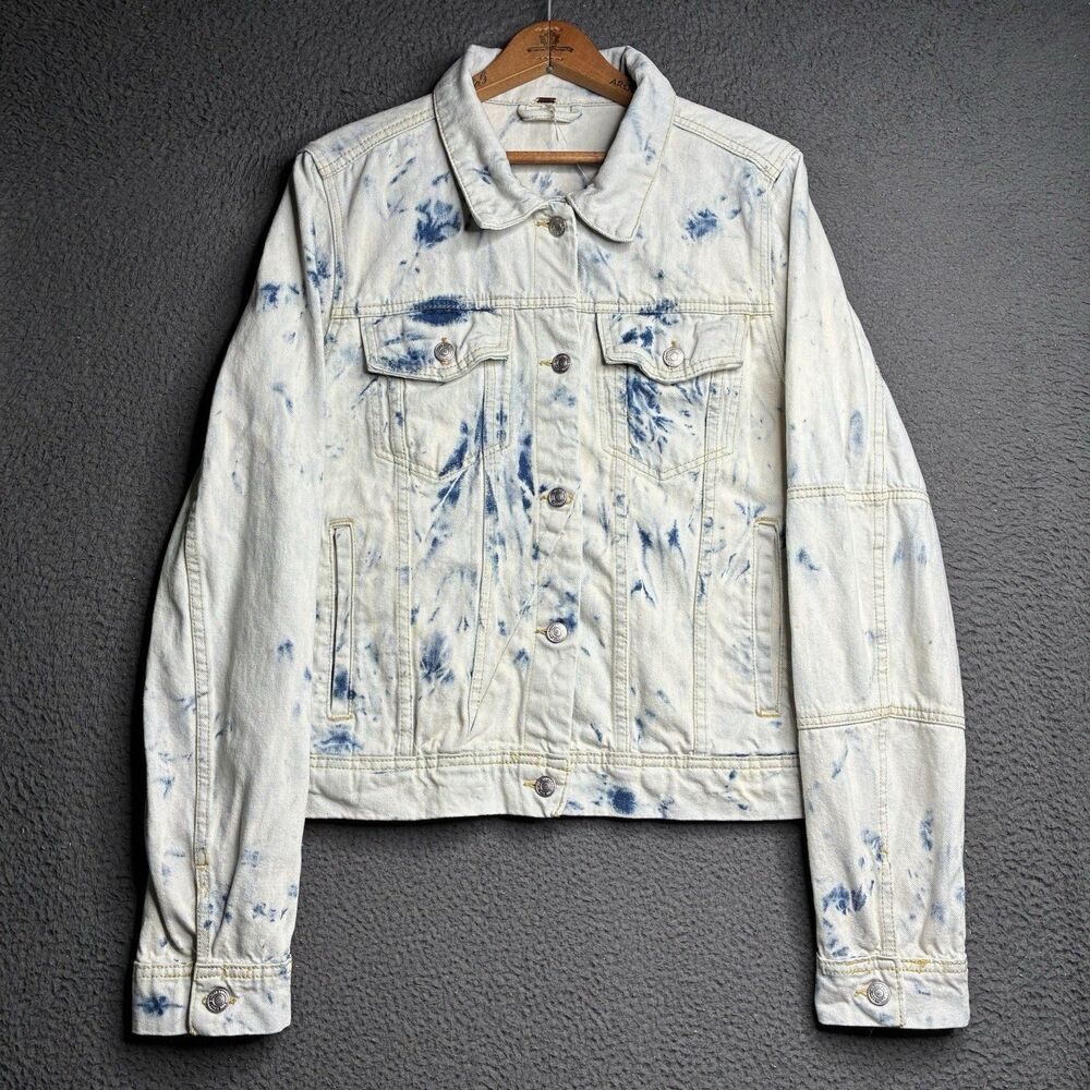 Free People Rumors Denim Jacket Women XL Blue Jones Tie-Dye Button Front Crop